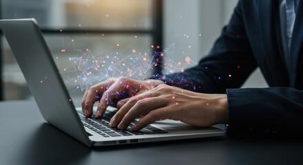 Digital Connectivity: Person Typing on Laptop with Data Network Overlay - Innovation, Technology, Future, Connection
