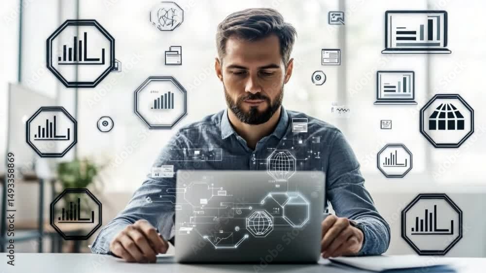 Aufkleber data analysis: a focused individual at their desk, engrossed in the digital realm of data visualizat
