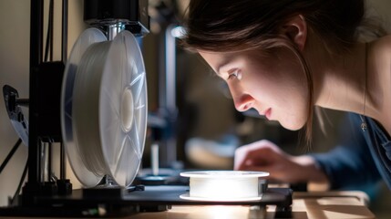 Focused woman operating a 3d printer in workshop