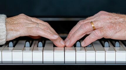 Fototapeta premium Hands Playing Piano Keys with Gentle Touch and Warm Lighting