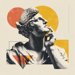 A collage displays a statue with part of its head removed, exposing a brain, and geometric shapes surround it.