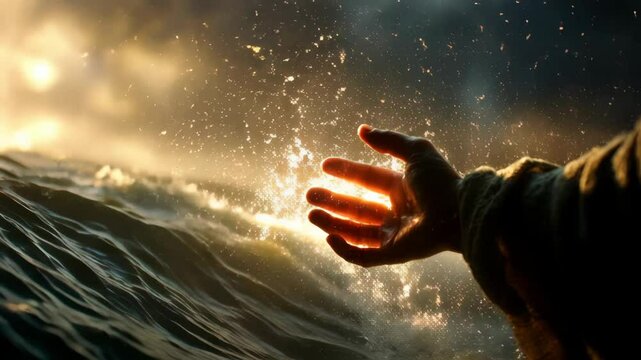 Close up of jesus hand reaching out, radiating golden light that illuminates water waves