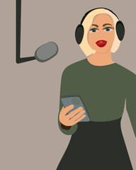 Girl singing into microphone with phone in hands. Vector stock illustration eps10. Adobe Illustrator Artwork