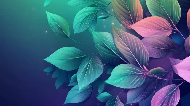 Botanical Leaves Background with a Gradient of Aqua Violet Pink and Magenta Hues a Watercolor Texture and a Decorative Artistic Hand Drawn Style