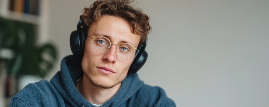Young disabled man engaging in online learning with headphones and glasses
