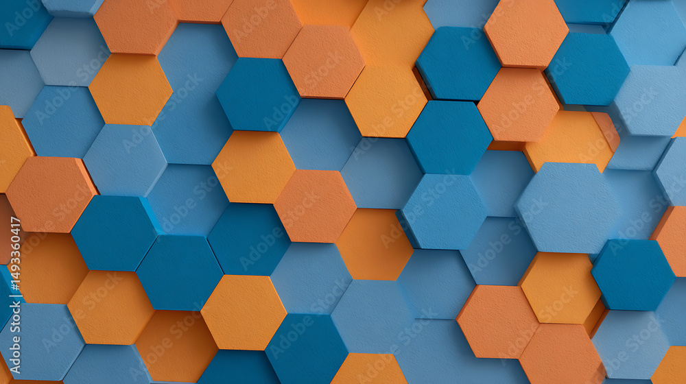 Poster abstract background with hexagons in blue and orange. generative ai 57309585 2