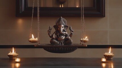 Ganesha idol on a swing with candles lit