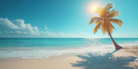 Tropical beach with a leaning palm tree under a clear blue sky and bright sun