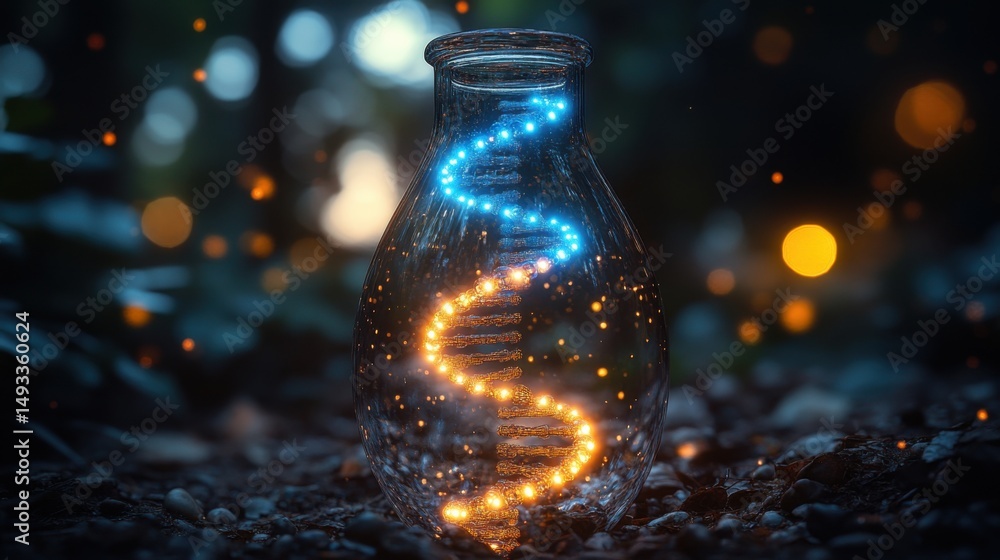 Aufkleber creative representation of dna inside a glass jar illuminated with colored lights at dusk in a fores