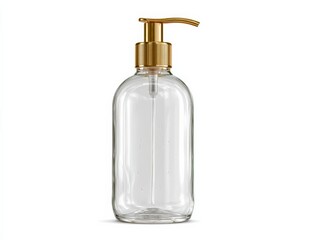 Elegant gold pump bottle filled with clear liquid, perfect for lotions or soaps.