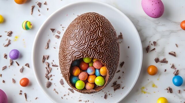A decorative chocolate egg filled with colorful candies.