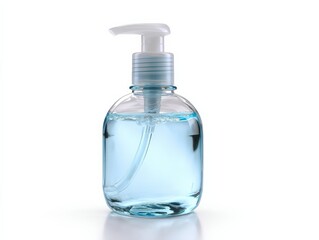 A pump bottle of light blue liquid soap sits on a white background.