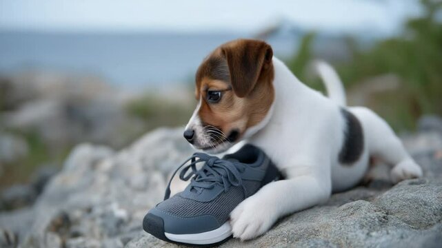 Adorable puppy playfully gnaws on a sneaker, capturing a delightful pet moment.