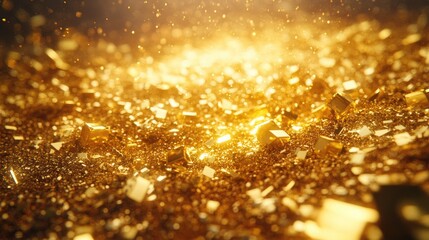 Pile of gold cubes and dust sparkling in the light, abstract concept