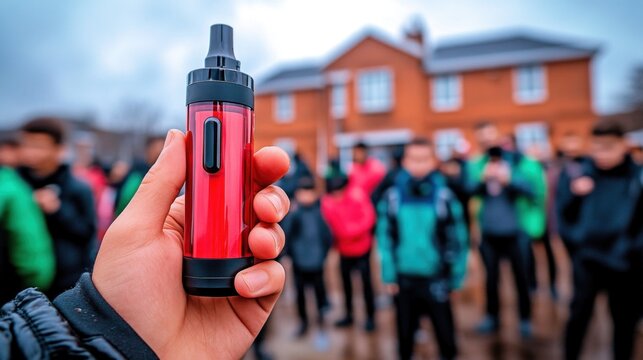 Vivid vape device held by teen near classmates, vaping trend fueling social acceptance, vaping trend driving risky behaviors, vaping trend challenging public safety messages