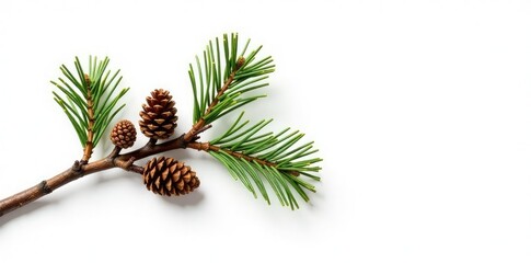 Fototapeta premium A single isolated tree branch with small pinecones and twigs on white background, rustic, twig, earthy