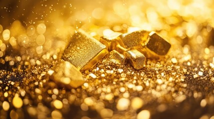 Close up of glittering gold nuggets and dust, conveying wealth
