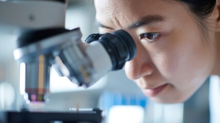 Scientist working with microscope doing research in laboratory