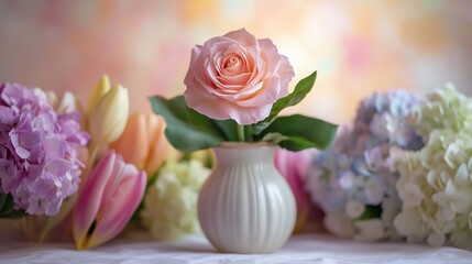 **A fresh, blooming rose in a ceramic vase, standing gracefully among pastel-colored tulips and hydrangeas, with soft natural light highlighting their beauty.