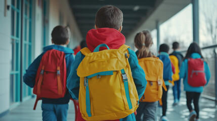 Children wearing colorful backpacks walk along a school corridor on a sunny day after classes