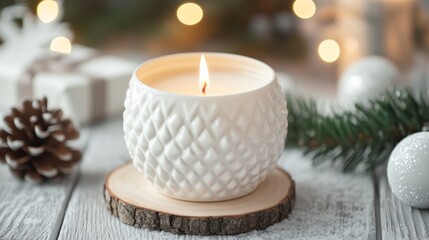 A cozy white candle burns softly on a wooden slice surrounded by seasonal decor, creating a warm and inviting atmosphere perfect for holidays or relaxation.