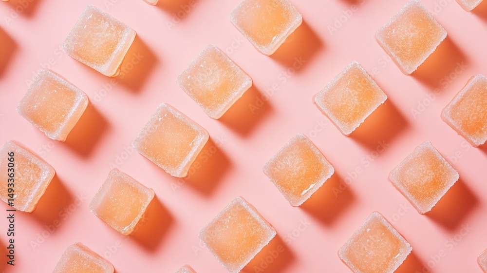 Poster geometric pattern of translucent peach-colored sugar cubes arranged diagonally on a soft pink backgr