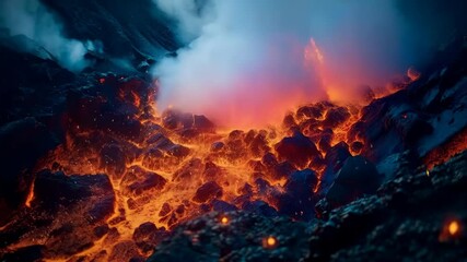 A dramatic view of molten lava erupting, surrounded by smoke and glowing embers, showcasing the power of a volcanic eruption. - Powered by Adobe