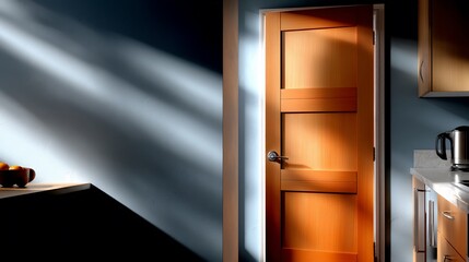 Sunlit door in a modern kitchen, shadowed wall and countertop, kettle