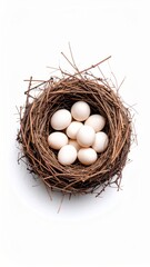 Overhead view of a bird's nest filled with white eggs on a clean white background