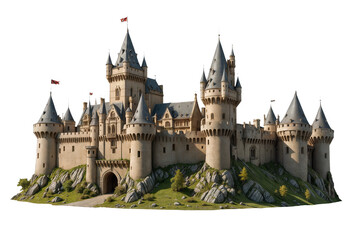 Fototapeta premium Medieval stone castle with tall towers and battlements, isolated on transparent background, png
