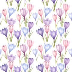 Spring Blooms in Harmony: A close-up of watercolor painted, soft pastel-colored Crocus flowers create a seamless pattern, capturing the essence of spring.