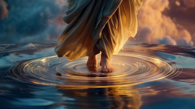 Jesus christ walking on water at sunset a divine moment with ethereal light and celestial patterns
