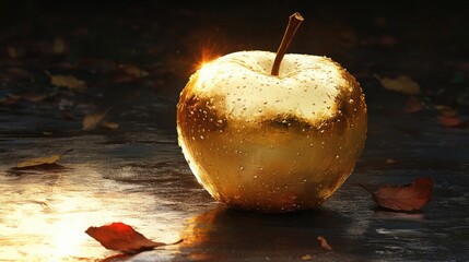 Golden apple with water droplets on a reflective surface