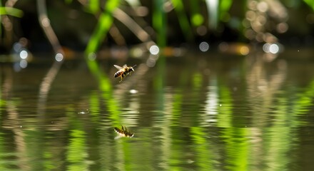 Bee Flying Over Water