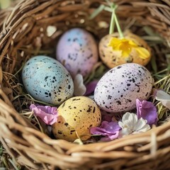 Colorful Easter Eggs in Nest Surrounded by Fresh Flowers and Grass