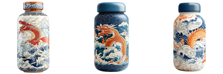 Set of dragon boat festival water bottles isolated on transparent background