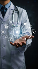 AI in Healthcare: Doctor Presenting Innovative Technology Solutions for Medicine, Diagnostics, and Patient Care