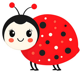 Obraz premium Cartoon ladybug with red shell and black spots, featuring a cute smiling face and round antennae.