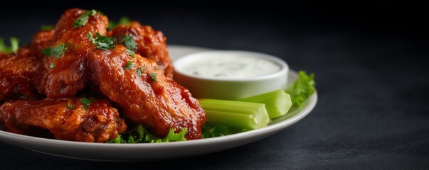 Delicious spicy buffalo wings with celery and dip for game day snacks
