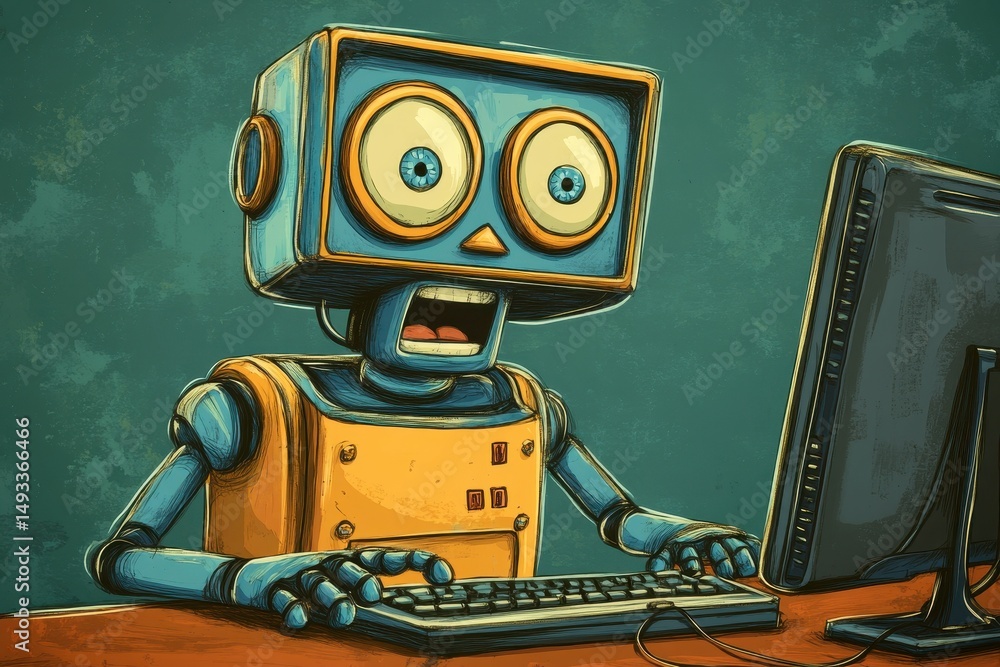 Poster a robot is sitting at a computer with a surprised face.