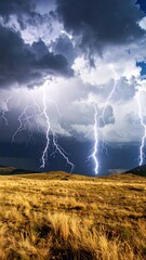 Powerful lightning strikes over a vast golden field under a dramatic stormy sky