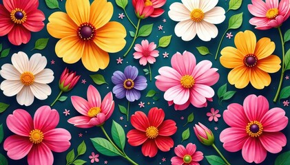Continuous blooming flowers, intricate design, colorful, blossom, elegant