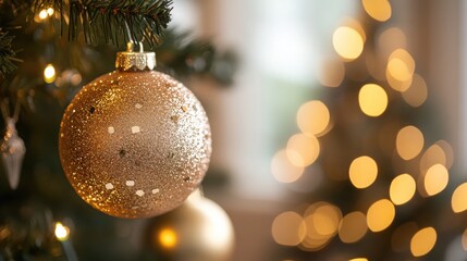 Gold Christmas ornament hanging on a tree with blurred lights