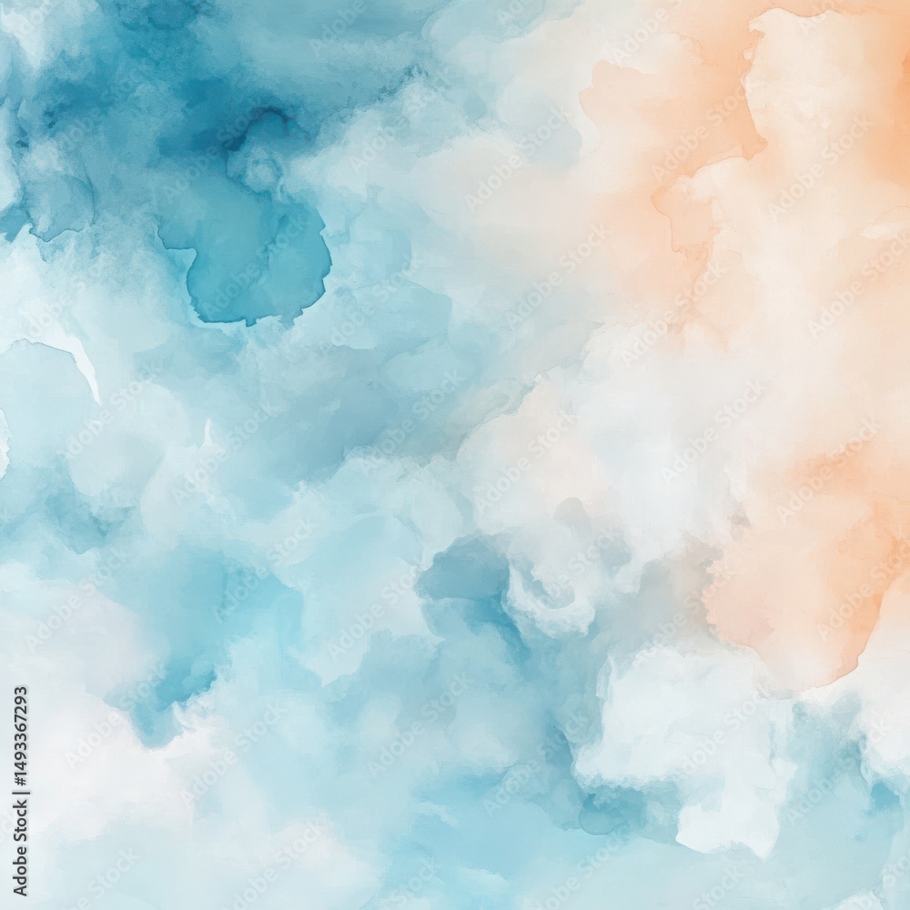 Poster abstract backdrop with soft watercolor washes in blue and peach tones, creating a serene and painter