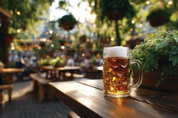 Beer mugs on the wooden with blurred people enjoying beer garden outdoors in the background