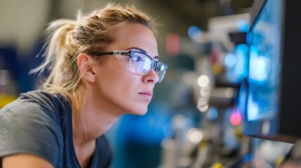 Focused female engineer monitoring production line using computer screen in factory