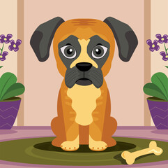 Vector image. Stylized picture. A German boxer puppy, a breed of dog. A cartoon dog is sitting on a mat.
