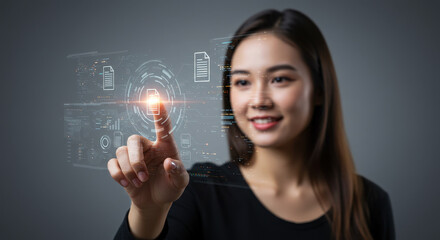  Woman Interacting with Holographic Data: Futuristic Tech, Digital Interface, File Management, and Advanced Technology Concept