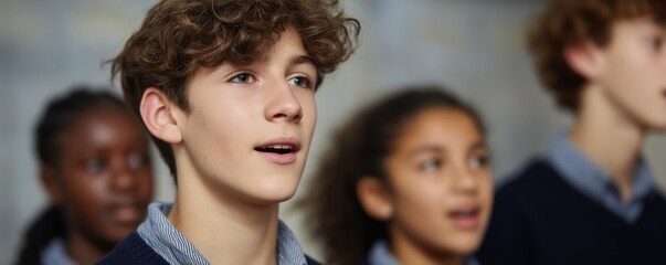 Group of students practicing a song in school choir rehearsal