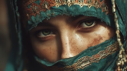 Portrait of a Moroccan Woman in Traditional Headscarf with Mesmerizing Eyes and Rich Textures